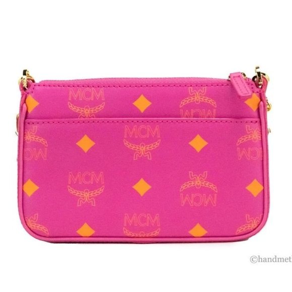 NEW MCM Color Splash Logo Fuchsia Pink Smooth Leather Mini Pouch Crossbody Bag - Picture 5 of 10